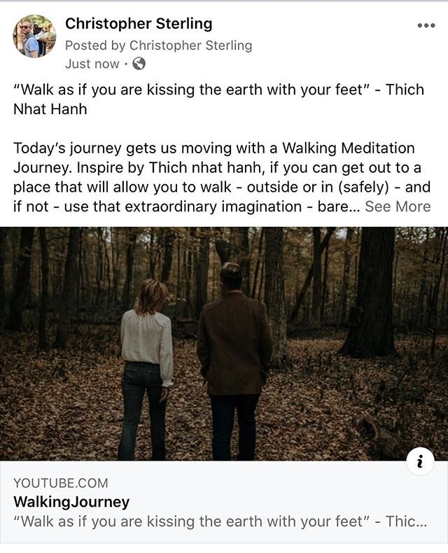 &ldquo;Walk as if you are kissing the earth with your feet&rdquo; - Thich Nhat Hanh

Today&rsquo;s journey gets us moving with a Walking Meditation Journey. Inspire by Thich nhat hanh, if you can get out to a place that will allow you to walk - outsi