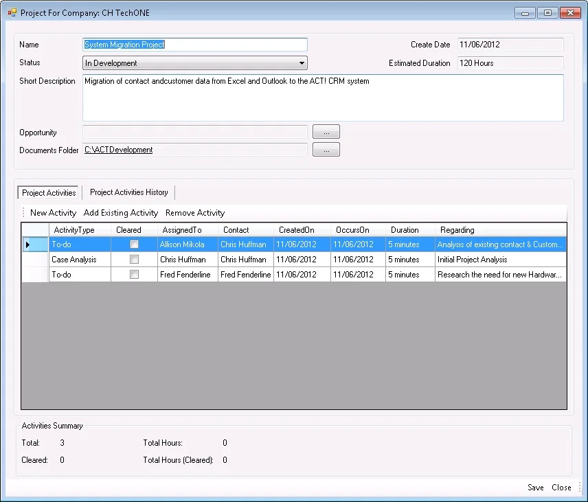 Users can create one or multiple projects for an opportunity. Within each project users can assign a status, opportunity and external documents folder, and view, create and manage activities associated with the project. There is also an activities summary area which measures the total number of activities and the total duration.