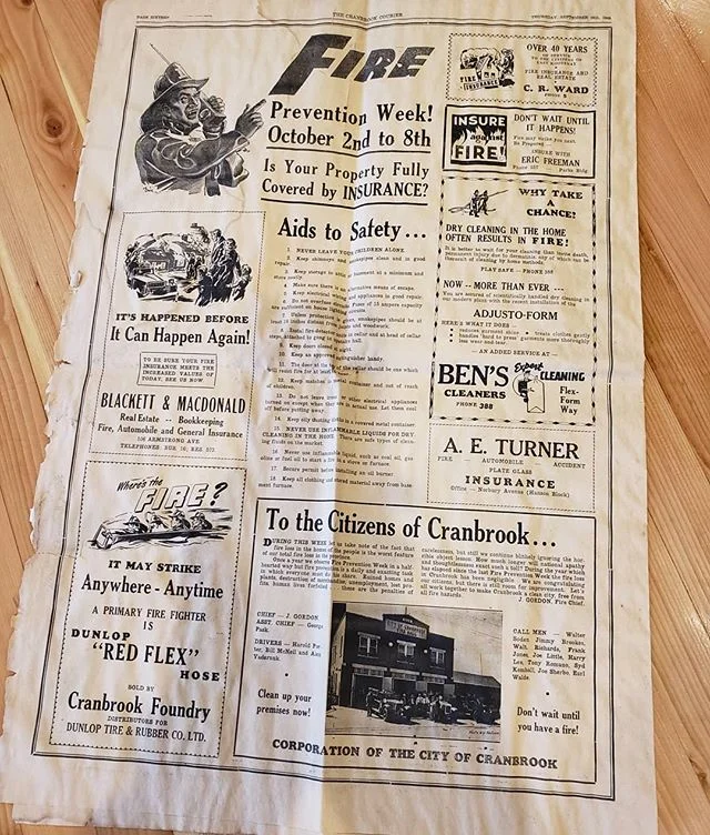 69 years ago today this ranked page 16 in The Cranbrook Courier. Did you notice the little cameo by Cranbrook&rsquo;s Fire Hall No. 1?

Because this is always a good idea, &ldquo;Let&rsquo;s all work together to make Cranbrook a clean city, free from all fire hazards.&rdquo;
- former Fire Chief, Jimmy Gordon
September 29, 1949. 
Thank you to an anonymous guest for dropping this off. If these walls could talk&hellip;