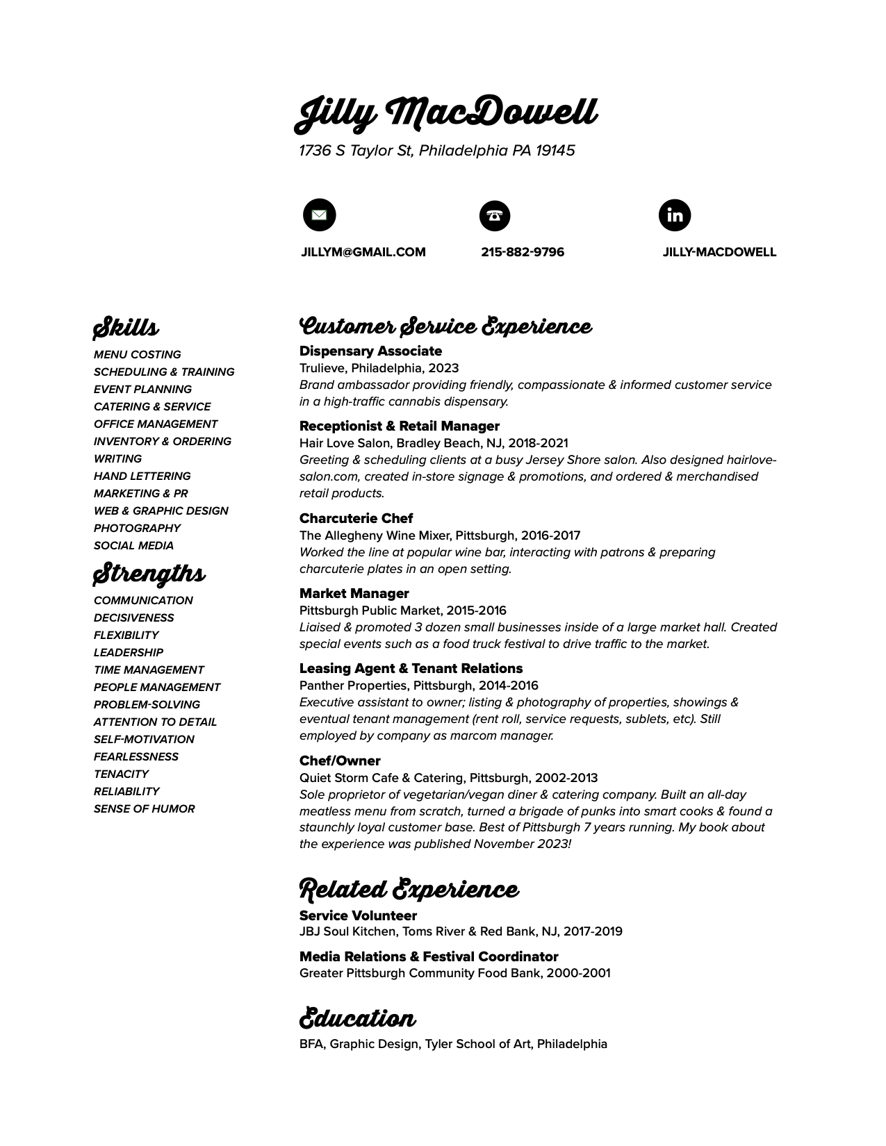 Jilly MacDowell service resume