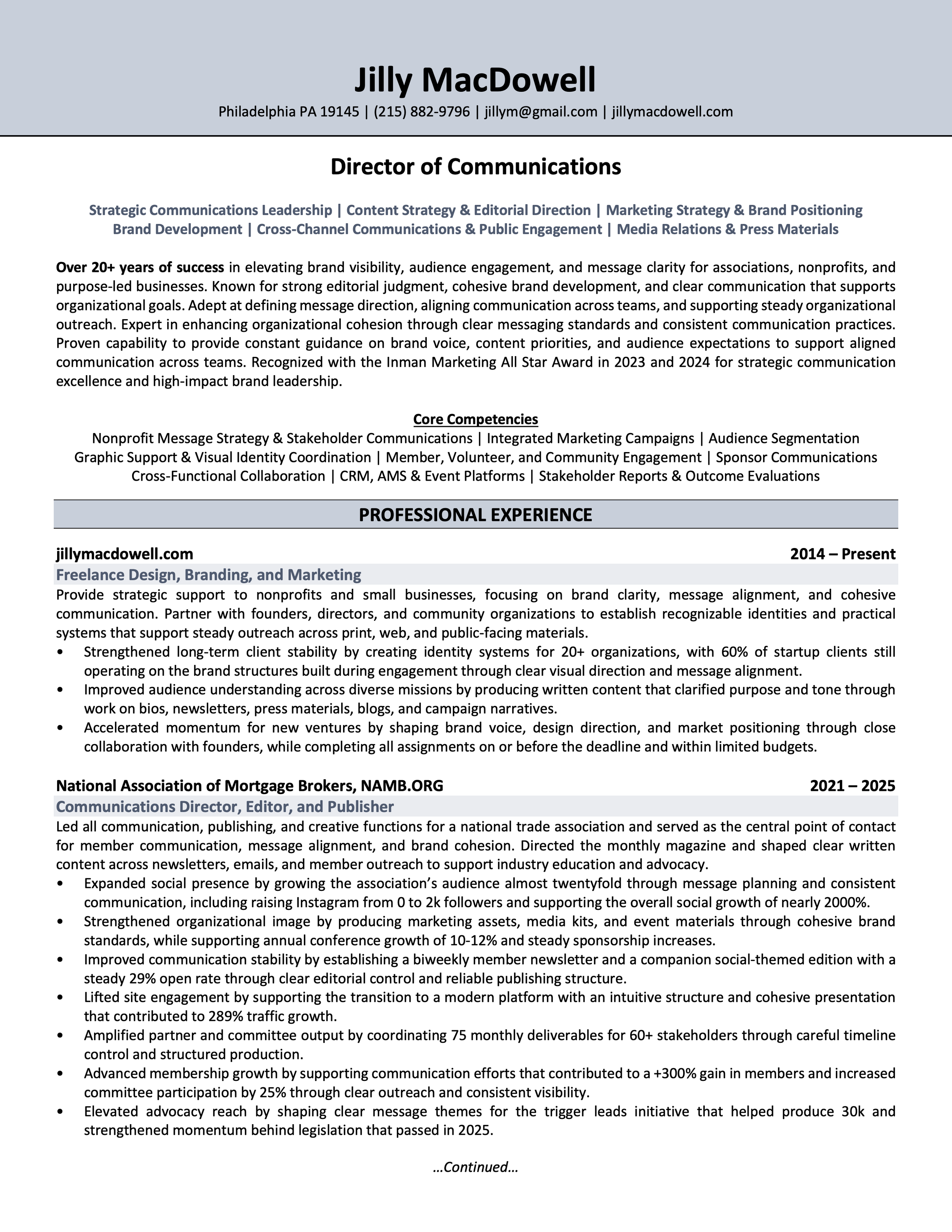 Jilly MacDowell resume, page 1