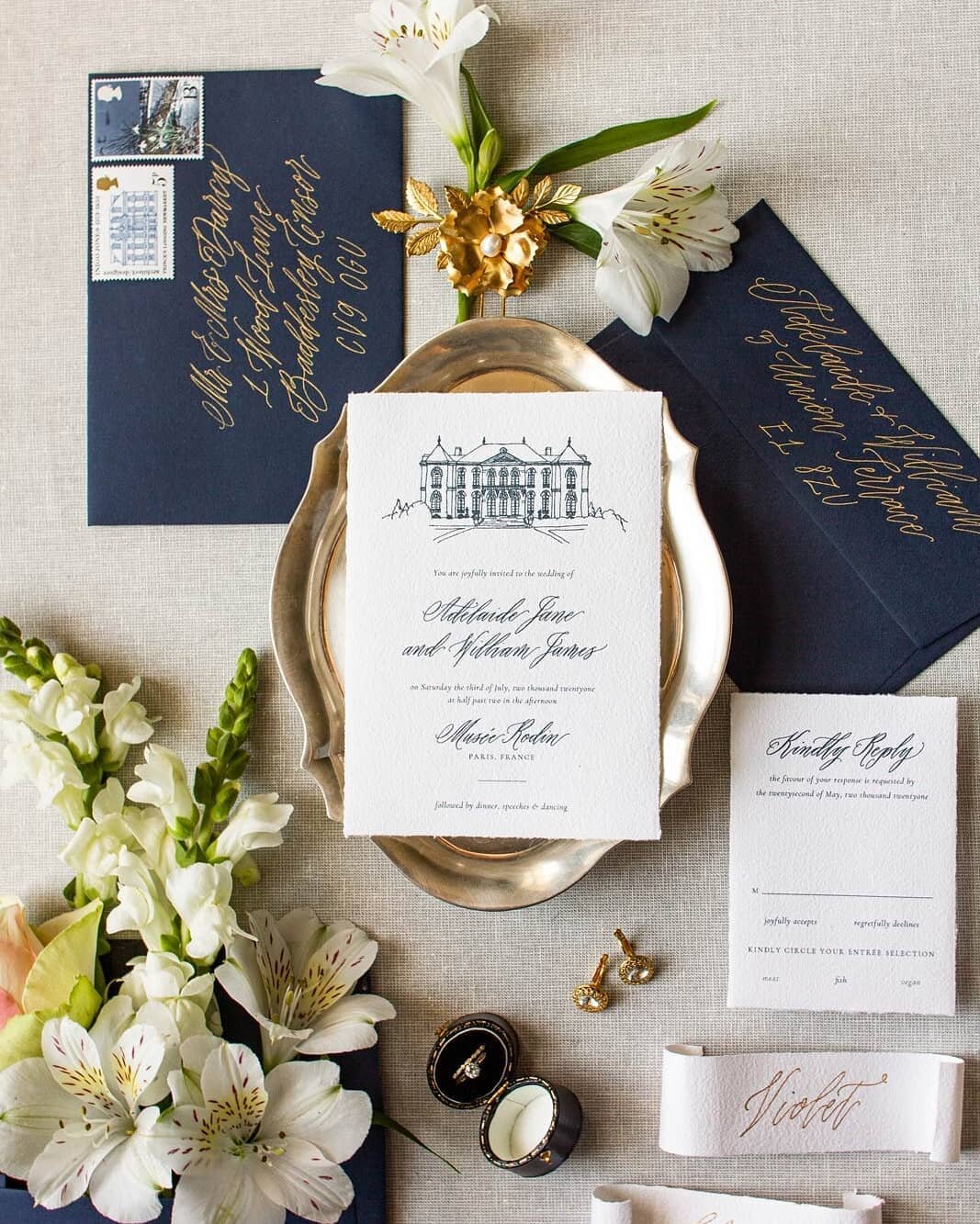 A closer look at a recent venue illustration for invitations in one of my favourite colour schemes. That striking gold on a deep blue envelope is just something I will never get tired of. 

Do you have a favourite colour palette you keep coming back 