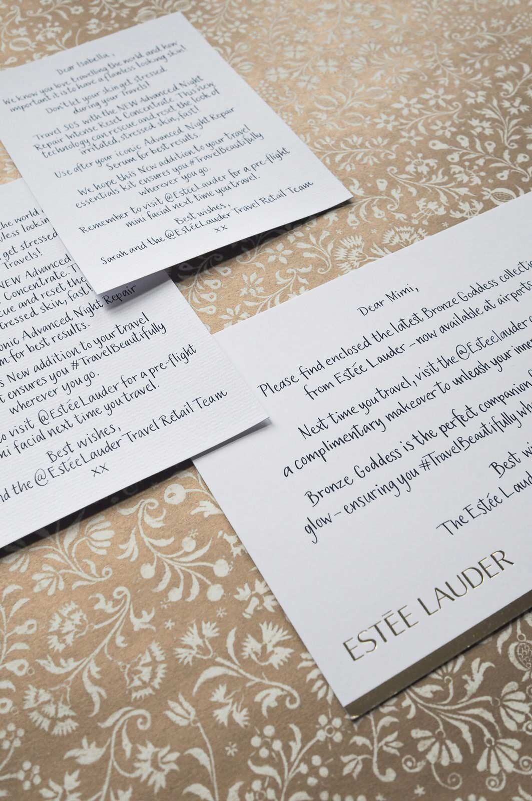 Handwritten PR invitations and cards for Estée Lauder