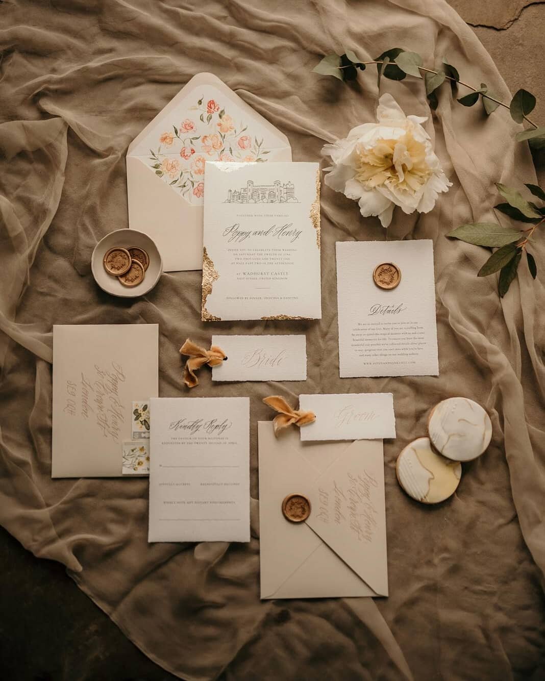 A throwback to this romantic wedding suite with all the delicate sparkling details at  @wadhurstcastle. A venue illustration, watercolour liner, wax seals and envelope addressing in a flowing calligraphy script ✨
.
.
CONCEPT, DIRECTION &amp; PHOTOGRA