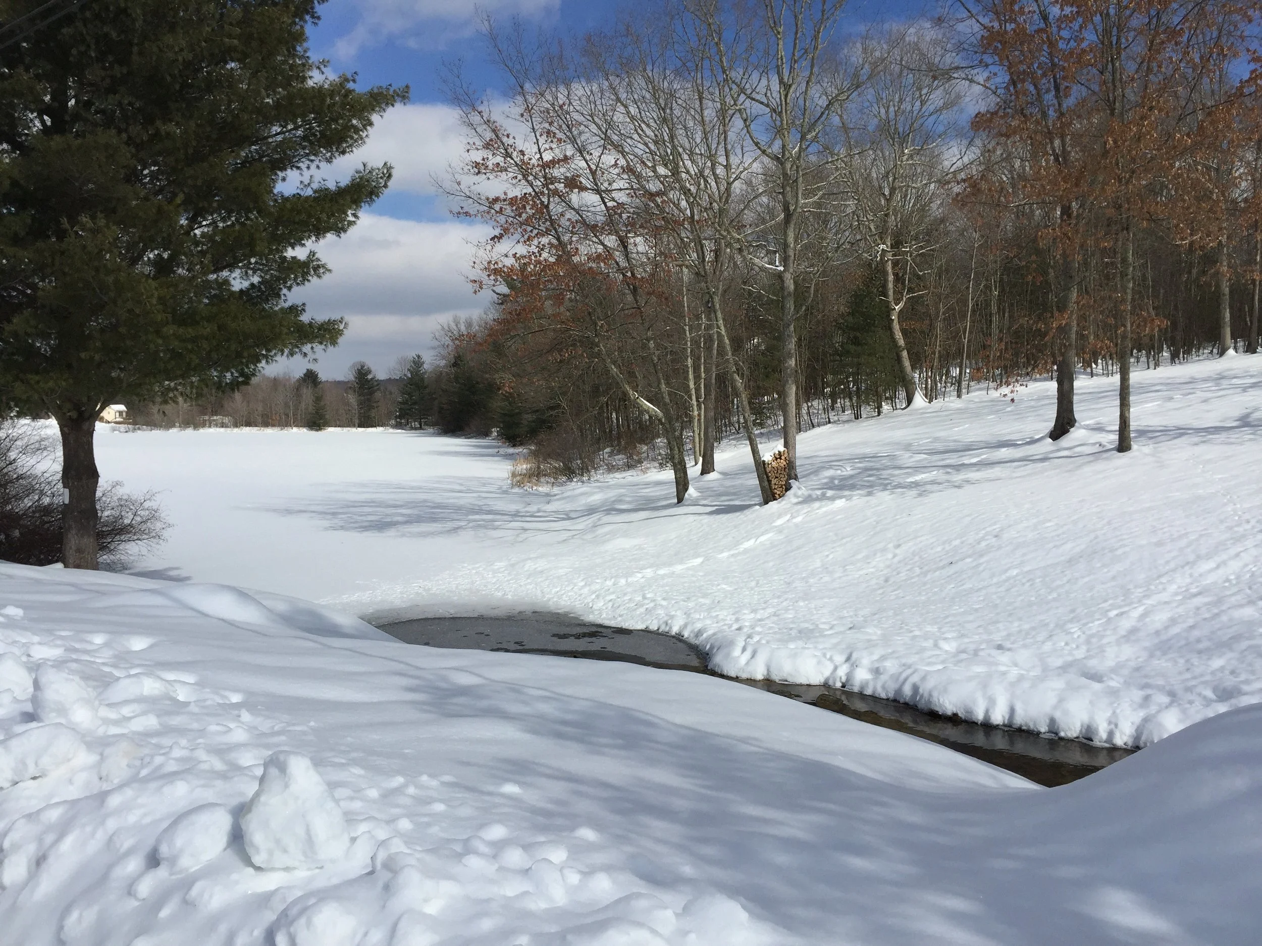 West Virginia winter snow on ice covered pond
