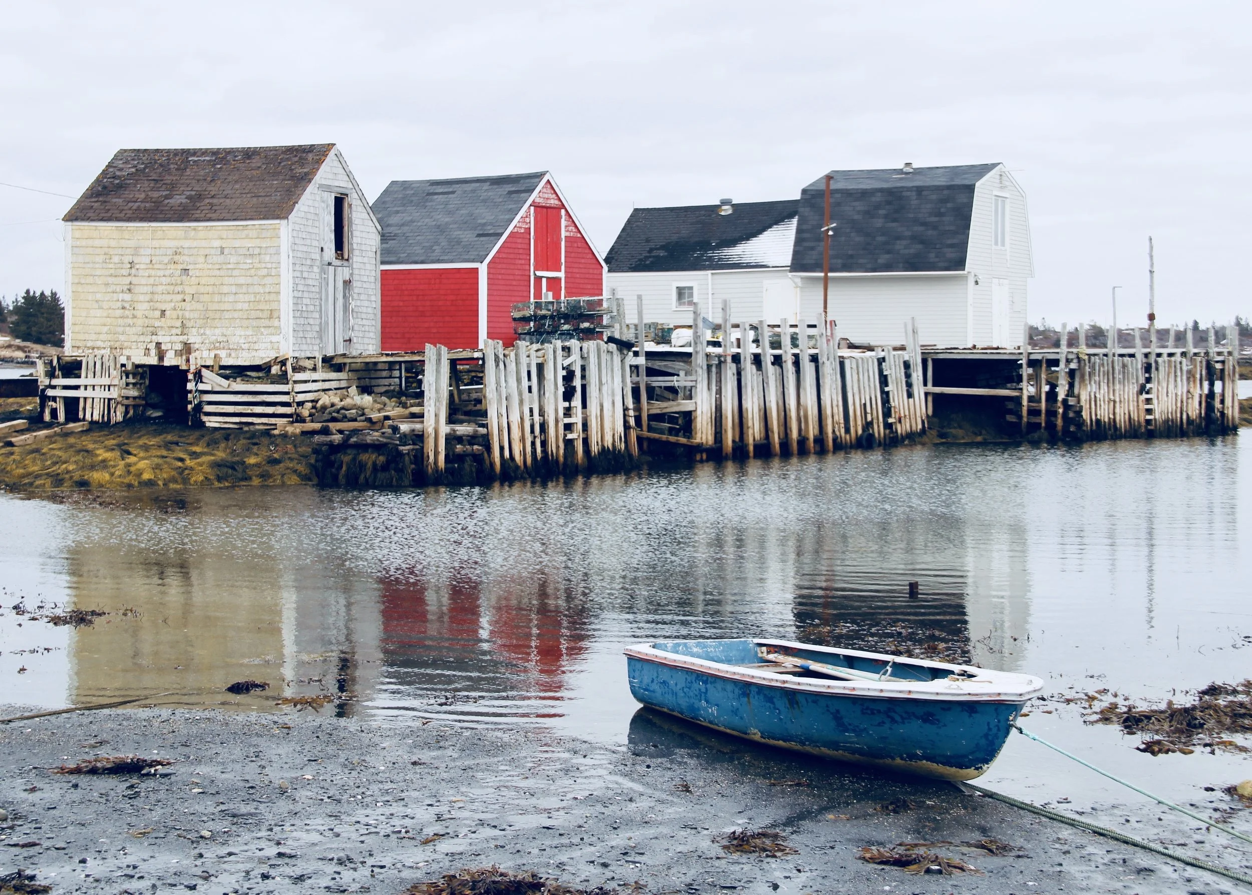 Old fishing shacks at the Point, Blue Rocks, Nova Scotia - Still a working fishing village.