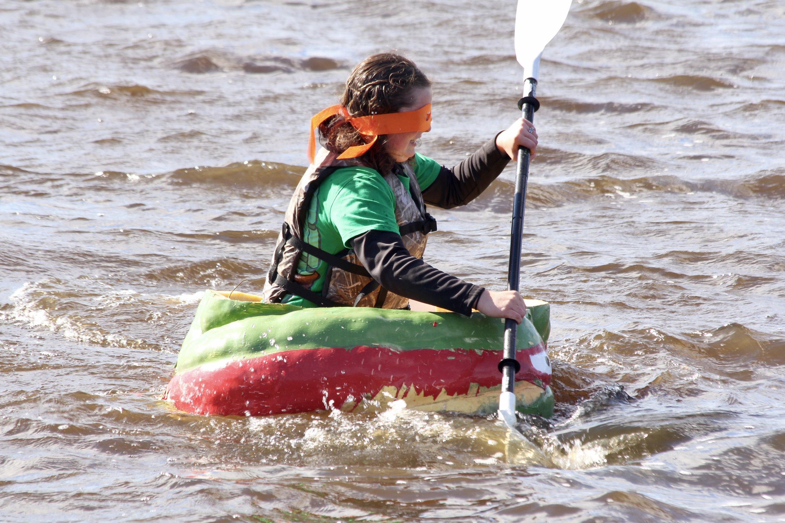 A giant Atlantic pumpkin, painted with a Ninja turtle theme and paddled across Lake Pesaquid. Did I mention it was very cold and windy and the water was choppy!