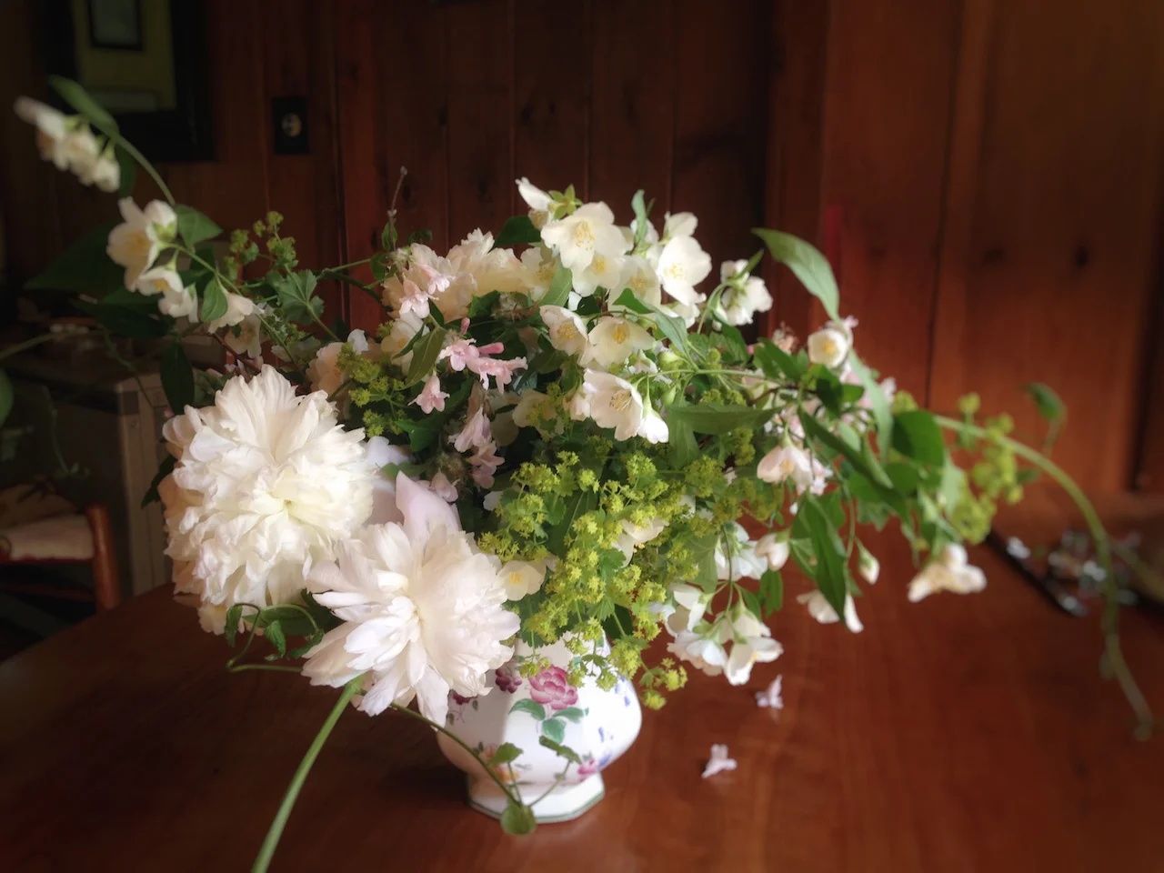 Local peony and mock orange table arrangement, Huntington, Vermont