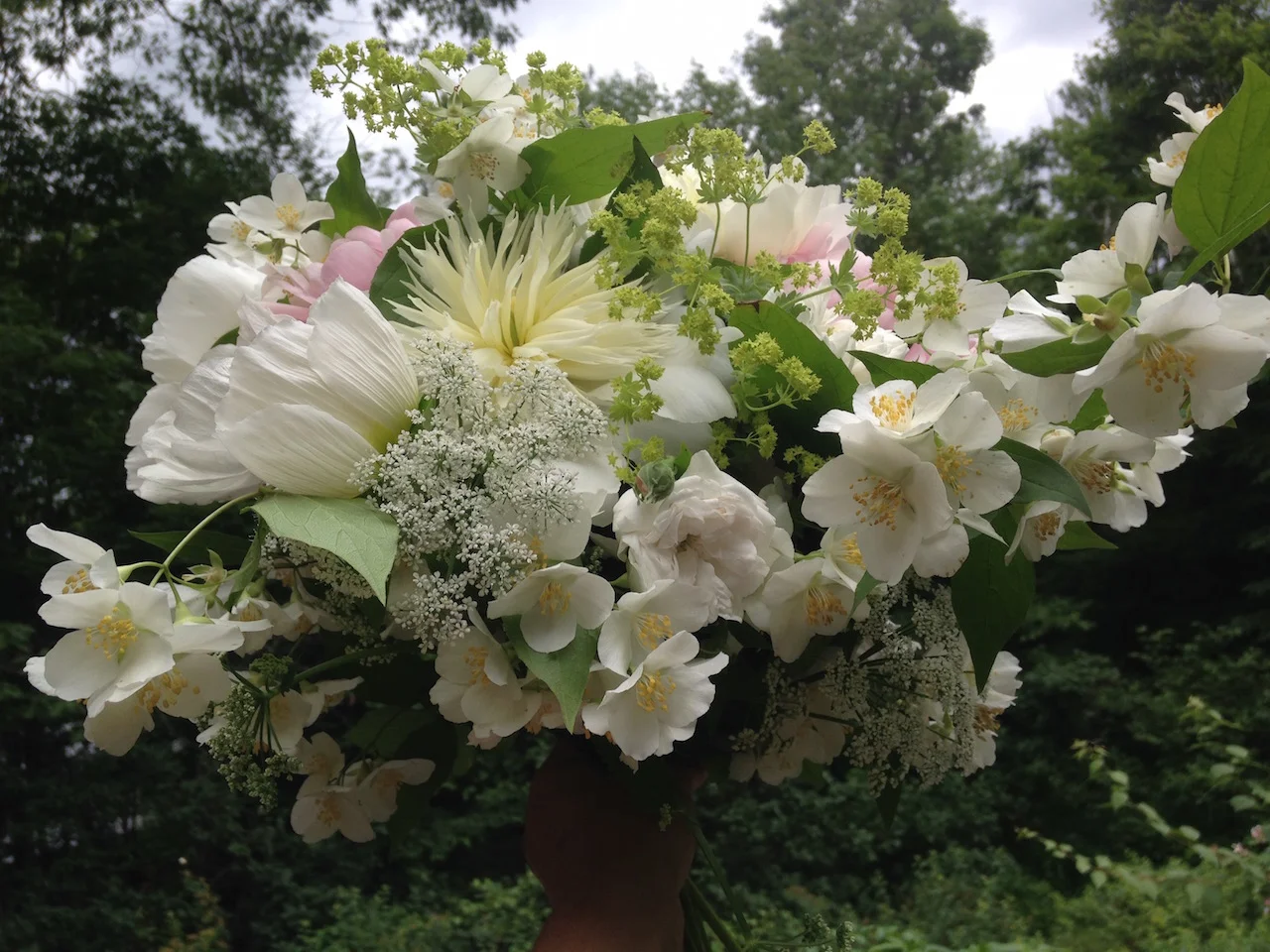 Peony, anemone, mockorange, and poppy wedding bouquet in Huntington, Vermont
