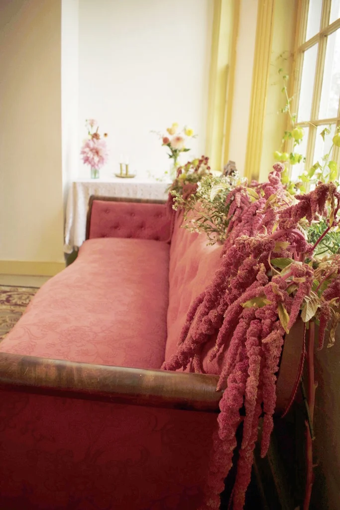 Our flowers and antique furniture at the Old Stone House Museum wedding venue, Brownington, Vermont