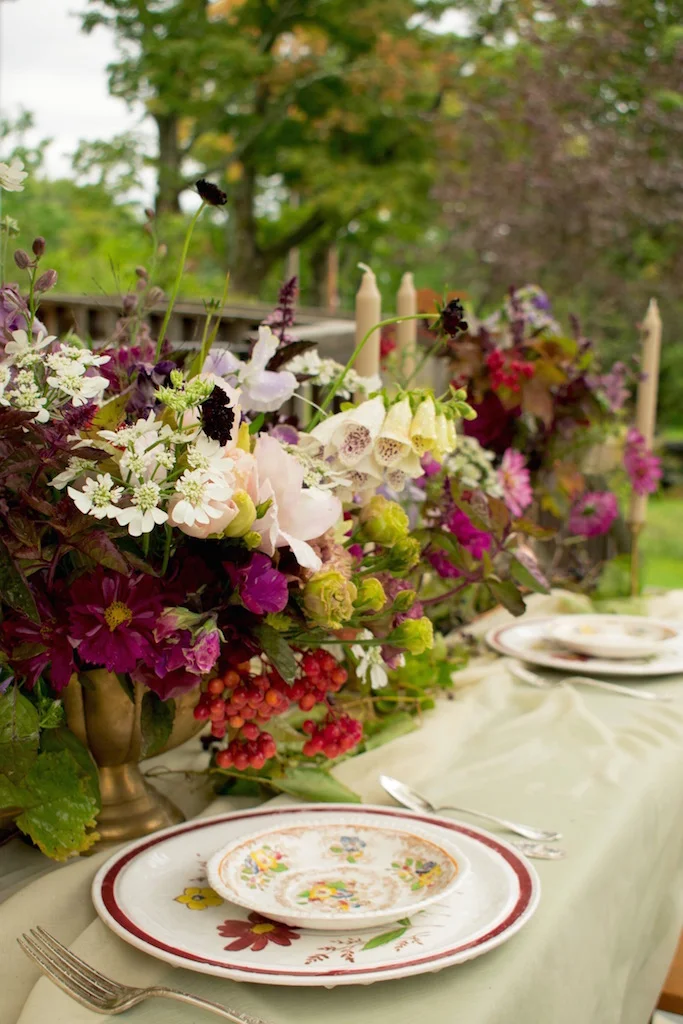 Fall tablescape at the Old Stone House Museum wedding venue, Brownington, Vermont