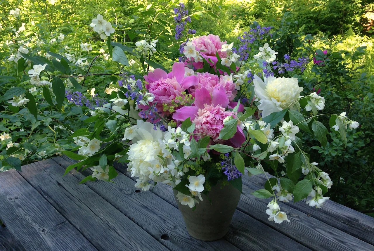 Early summer crock full of flowers, Huntington, Vermont