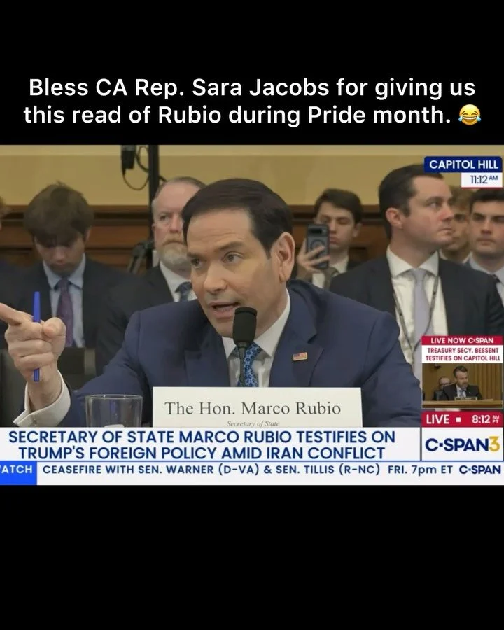 Bless @repsarajacobs for sticking it to spineless Secretary Rubio today. The next slides are pics I took of her giving a speech at the Trans Day of Visibility rally in DC last year. She&rsquo;s lovely and most importantly&hellip;she doesn&rsquo;t tak
