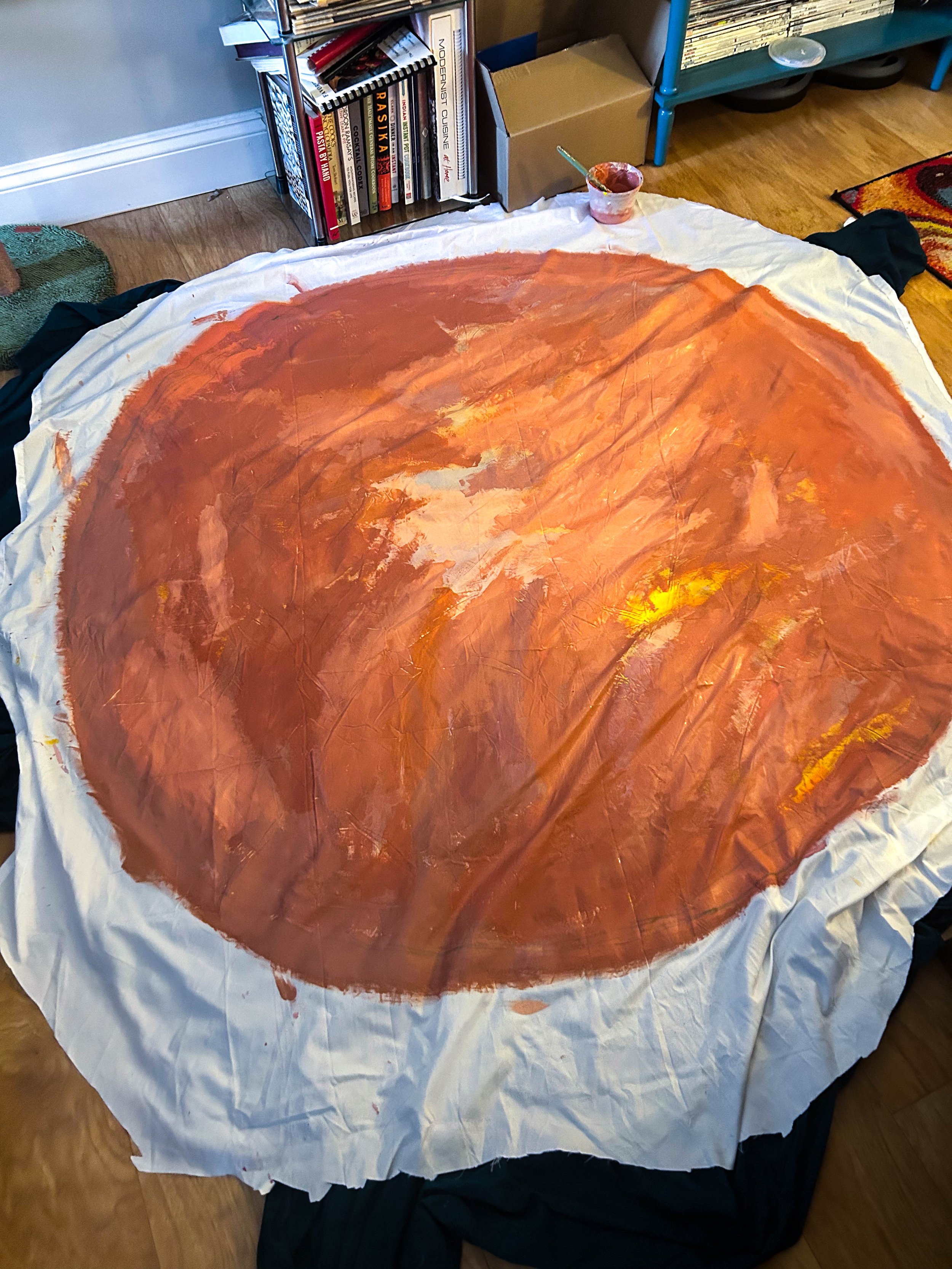 The burger bun was made with an old bed sheet that I painted and constructed to be 3-dimensional. 