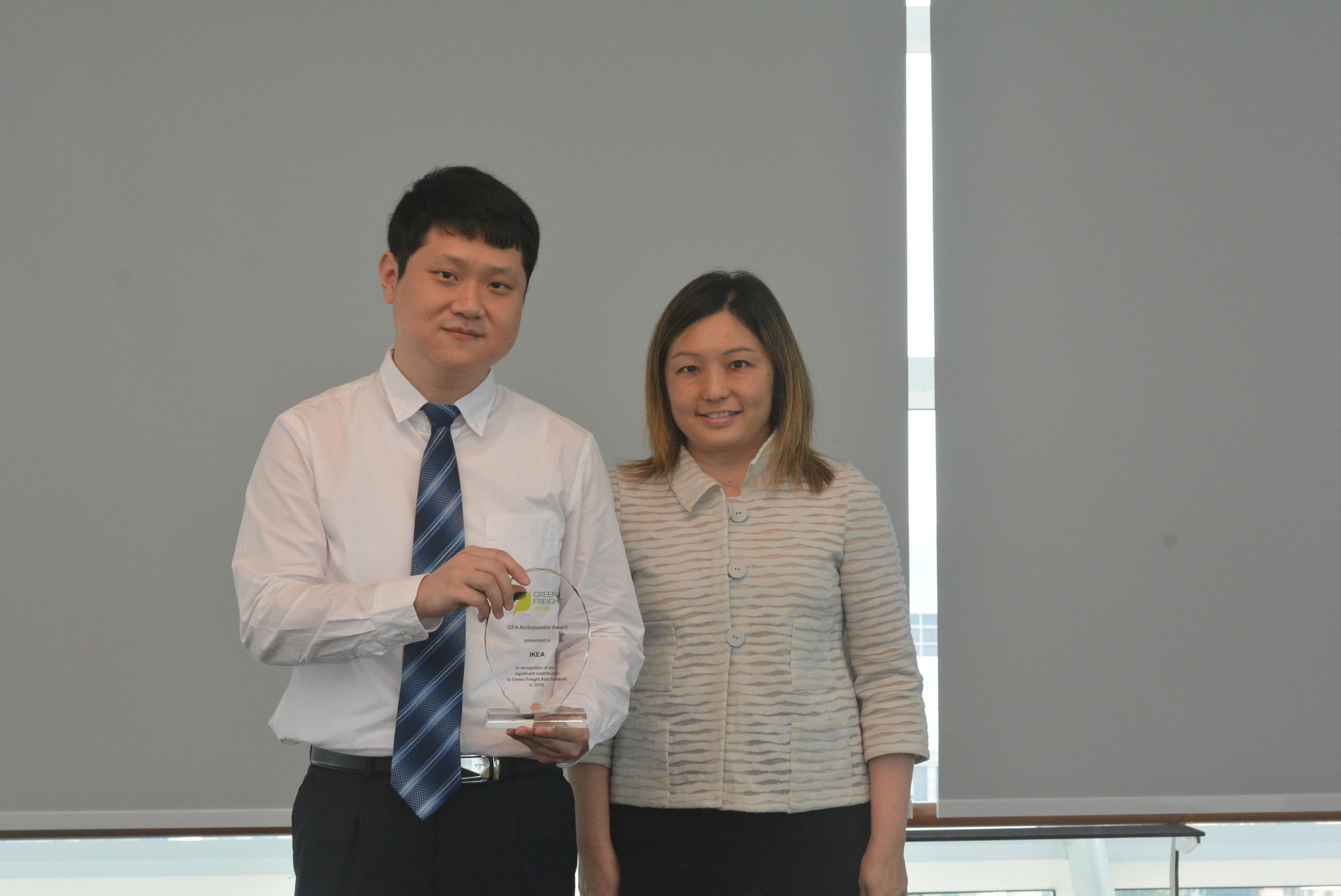 Andy with GFA Director Lin Shiu Mei “These two awards are a validation of IKEA’s collaborative approach to carbon emission reduction in transport. The approach involved managers, purchasing team, sustainability team, and most importantly our service providers. IKEA Transport aims to reduce 15% of absolute greenhouse gas emission by 2030 (2017 baseline. This means we want to reduce the greenhouse gas emissions from every shipment by approximately 70%. We do not have all the answers at this point and we cannot achieve our goal alone. We must work together with all stakeholders and Green Freight Asia provides us an excellent platform to work in a collaborative way to reduce our emissions. GFA and IKEA share a similar vision - i.e. to decarbonize road freight transport and make a positive impact on the environment and society. We believe that together we can make it happen.” - Andy Yang, Sustainability Developer Transport Area Asia-Pacific, IKEA Purchasing Service (China) Co., Ltd