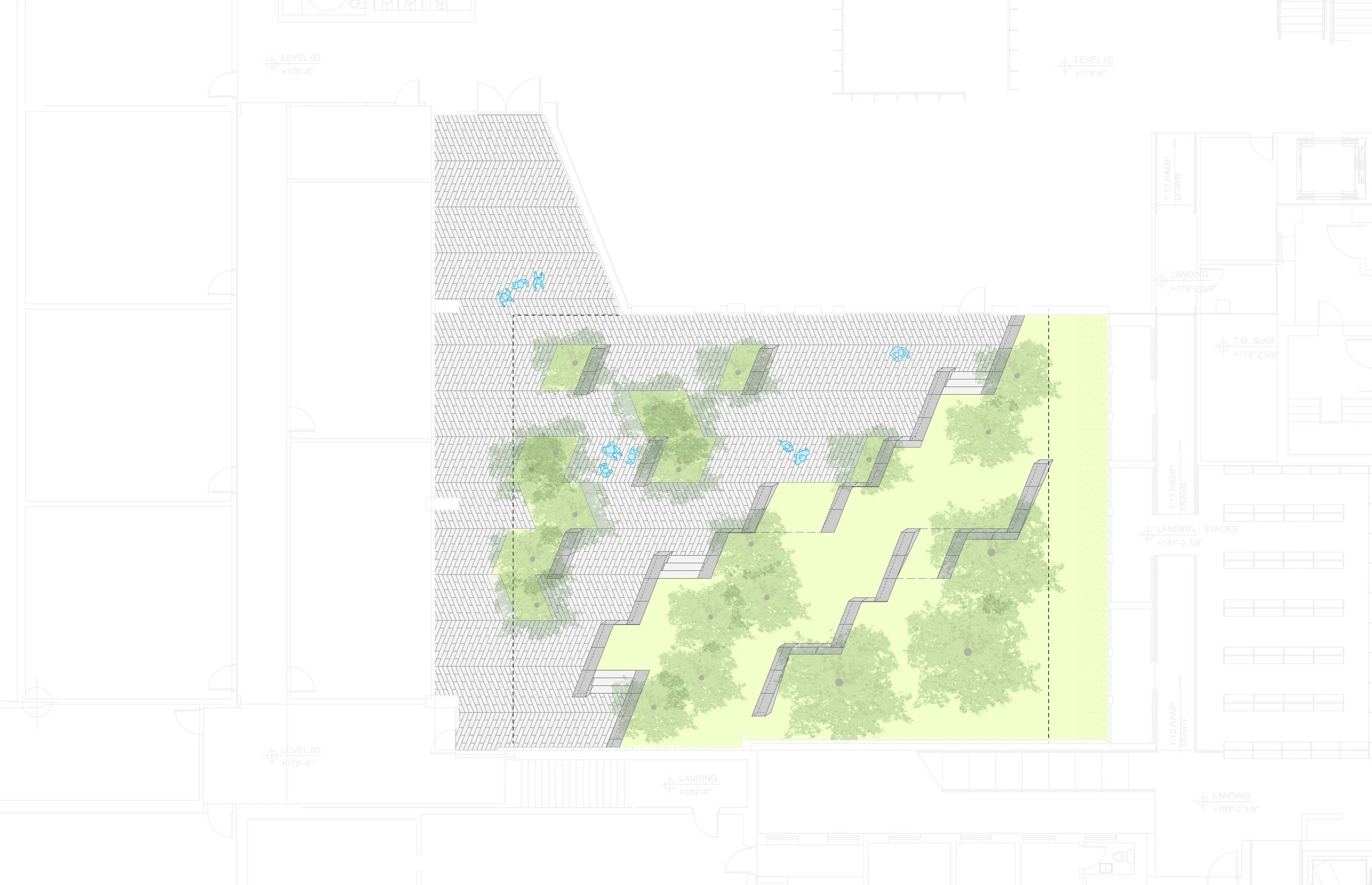plan prior to VE; ultimately, all of the planting and walls in the paved area were removed and we were limited to a quantity of 2 trees