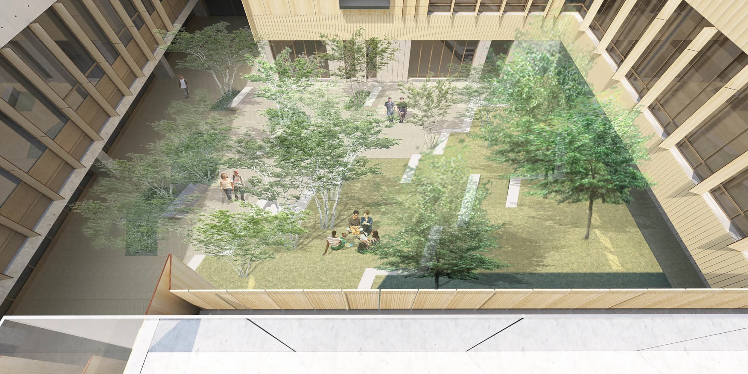 overhead view of courtyard from upper deck of building