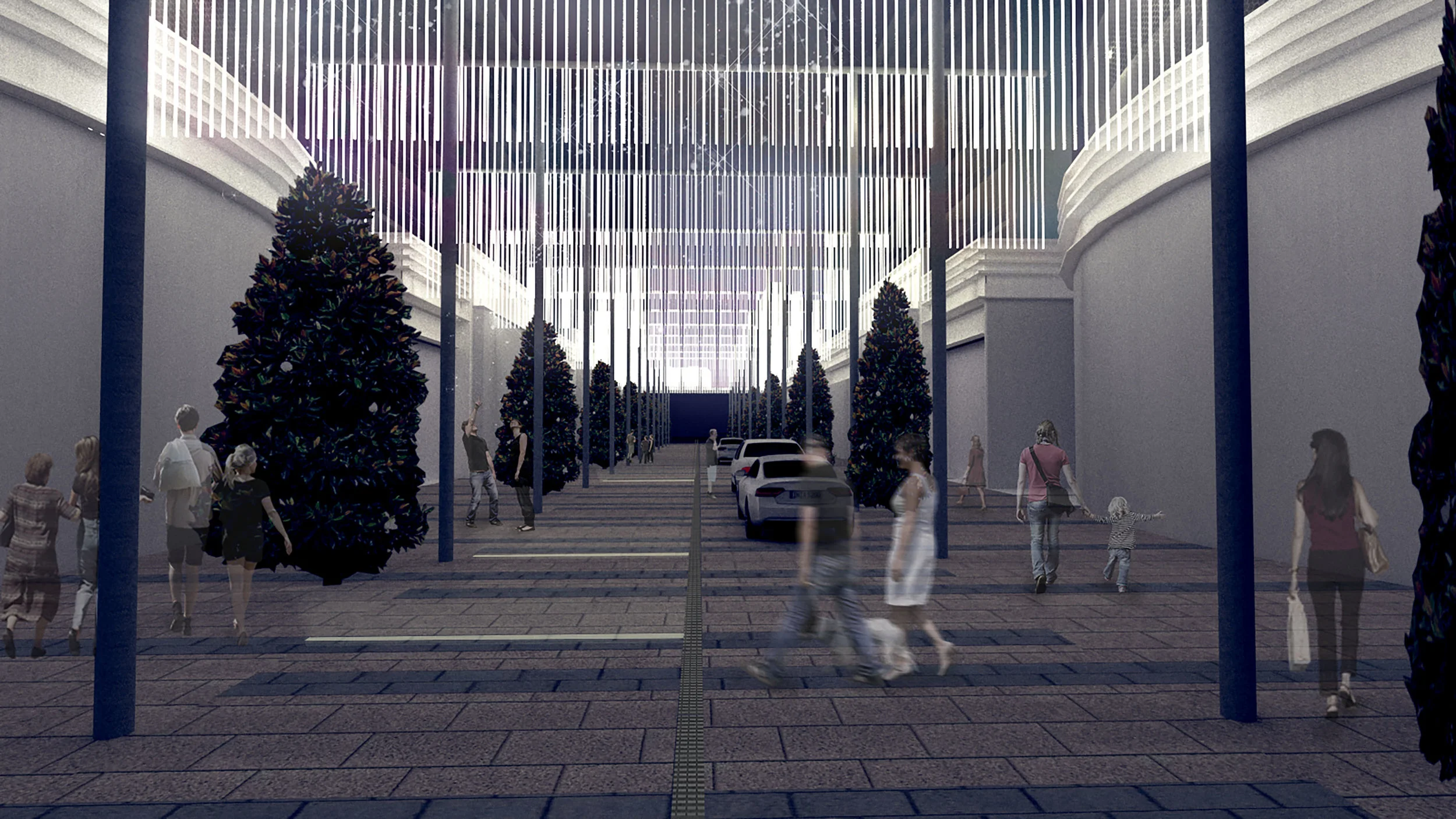 "the chandelier" - fringe-like overhead lights in 20'-30' intervals along the retail street