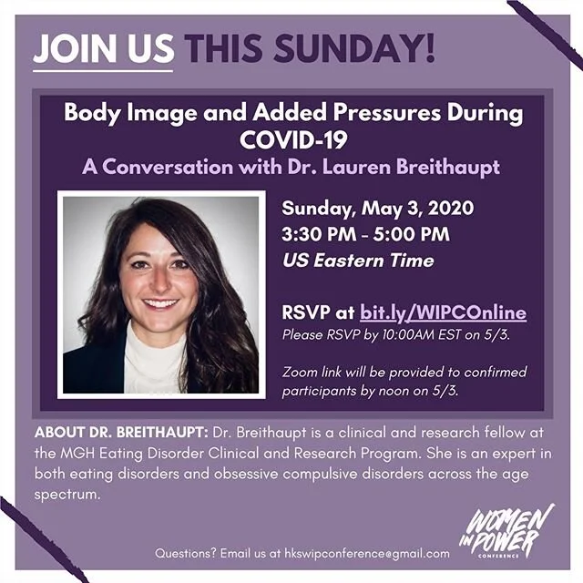 Join us this Sunday for an online conversation with Dr. Lauren Breithaupt about body image and the added pressures during COVID-19! Register at bit.ly/WIPCOnline for Zoom link. #WIPC2020
.
.

Dr. Breithaupt is a clinical and research fellow at the MG