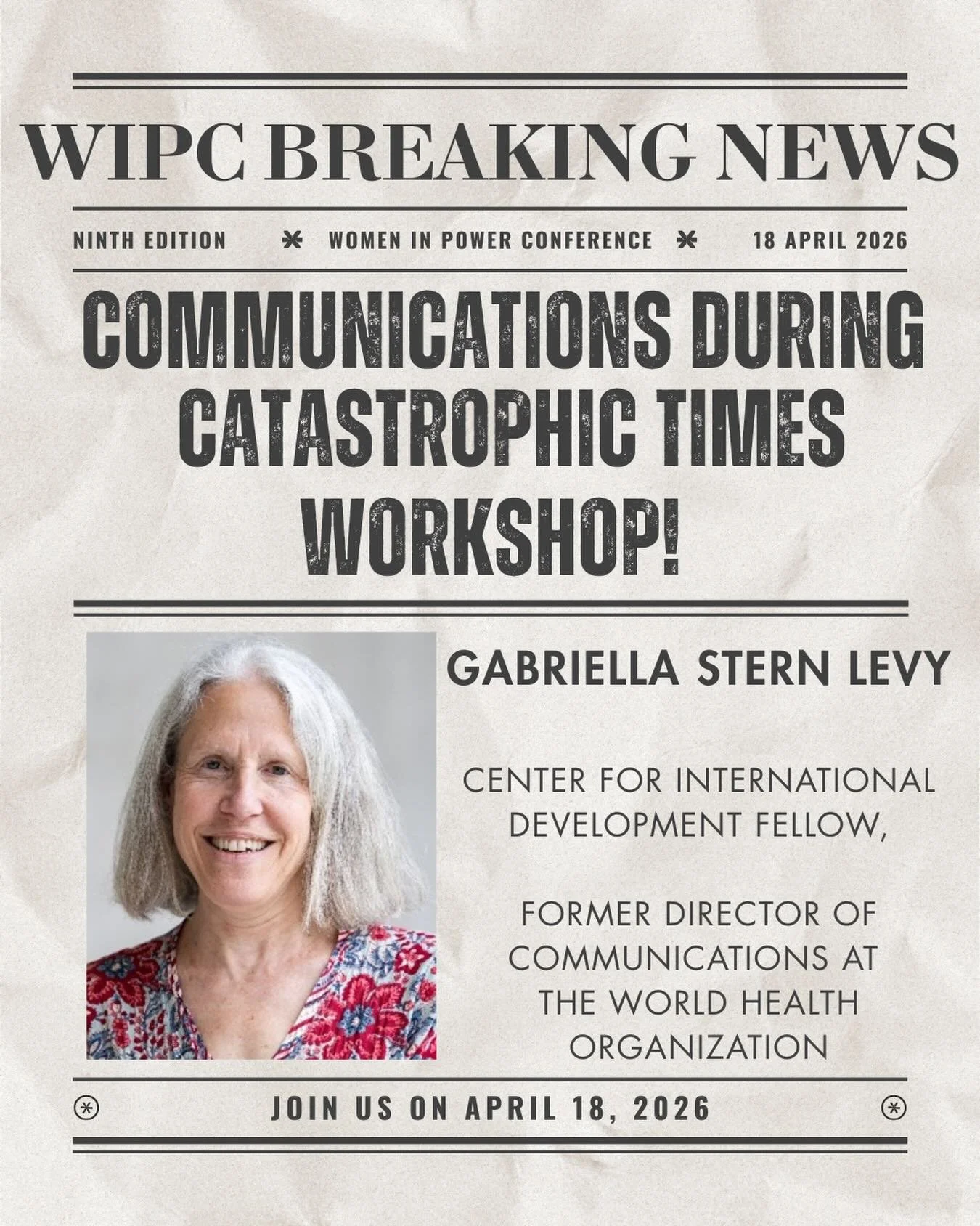 From global health crises to major world events, communication matters. 
Learn how to lead messaging in difficult moments with Gabriella Stern Levy, former WHO Director of Communications and retired Director of Media and External Relations at the Bil