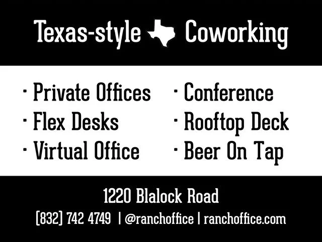 HTX peeps! 🤠 The Ranch will offer private suites, open workspace, virtual address services, and more.  Don't forget about happy hour! 🍻  With themed conference rooms and creative spaces, it's the perfect place to meet with clients.  DM us for more 