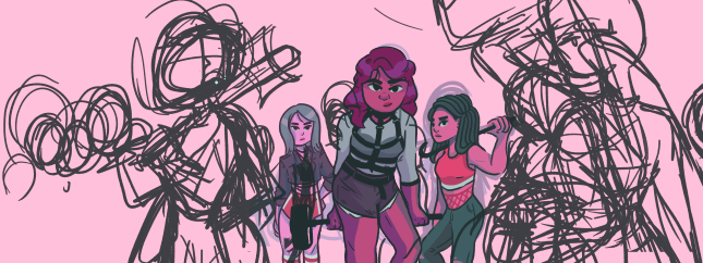So I sketched out some more girls to add in frame, playing with placement of some closer in the foreground and some further out in the background. 