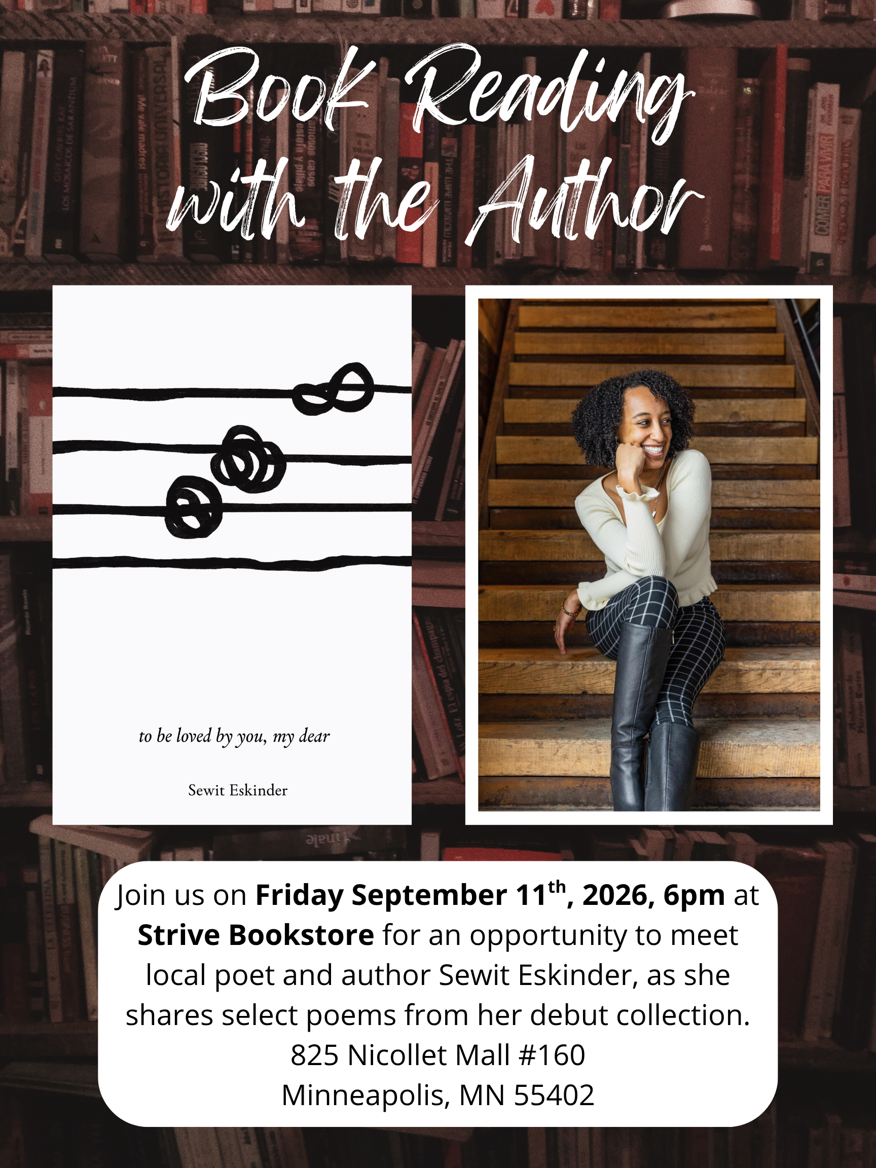 Flyer with shelves of books in background; book cover; picture of author