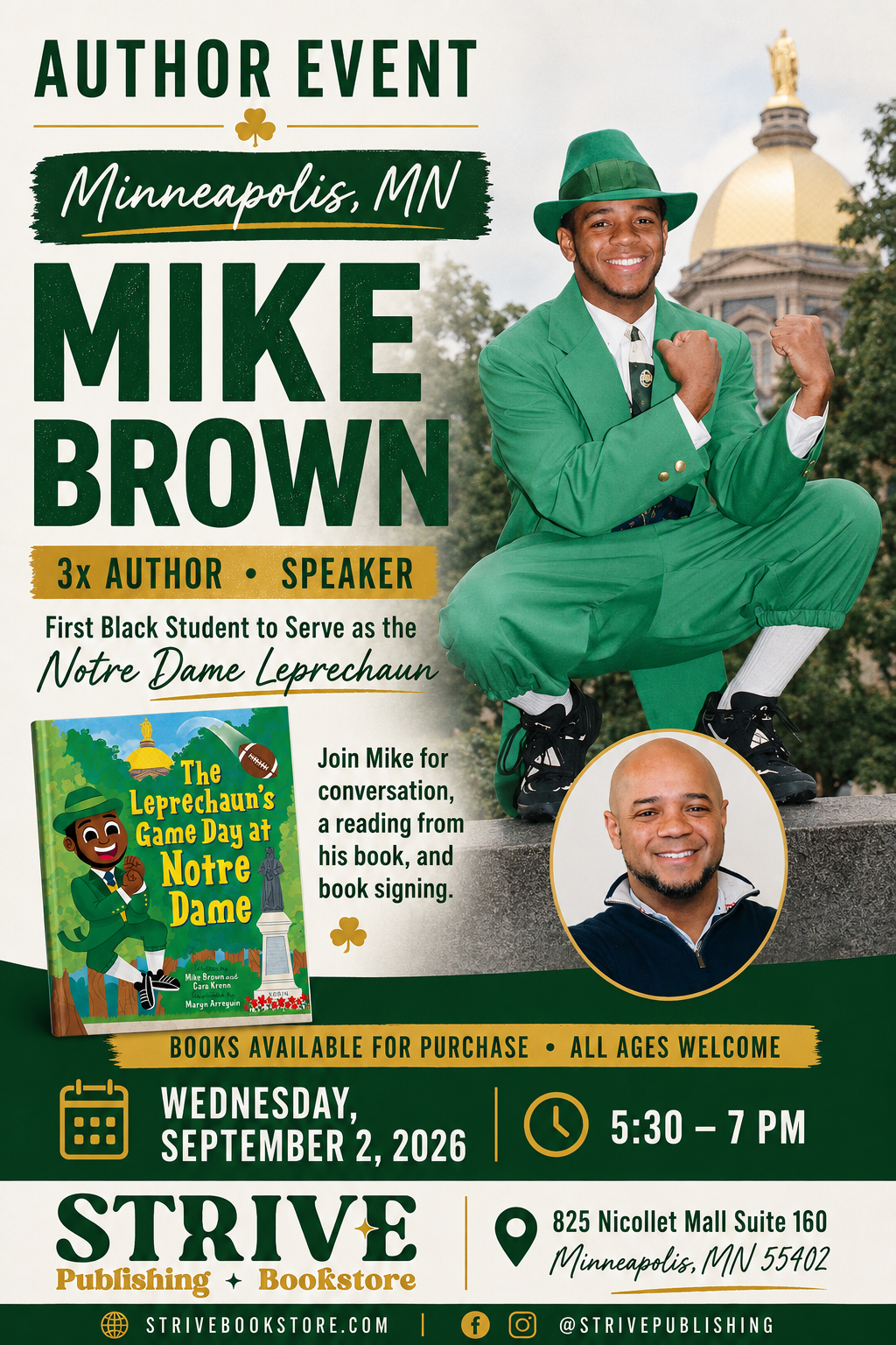 Flyer with Mike Brown dressed in his "Notre Dame Leprechaun" green suite; book cover "The Leprechaun's Game Day at Notre Dame"