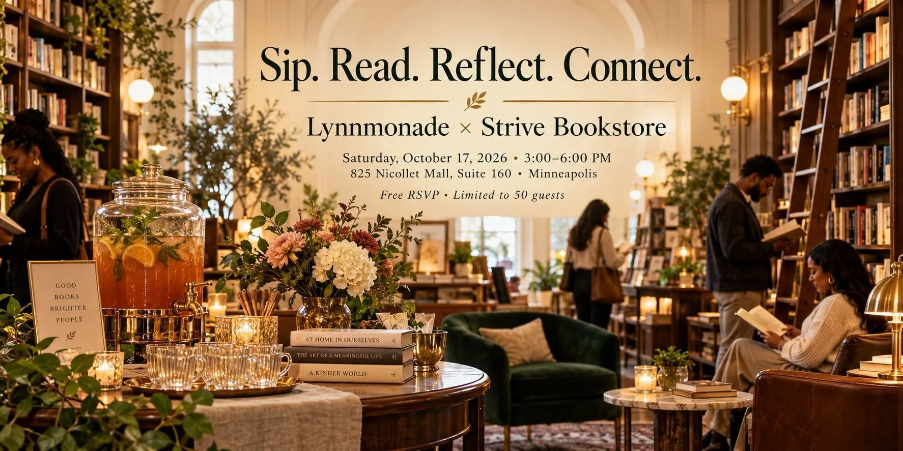 flyer with a fancy bookstore interior with customers and a table with a fancy beverage