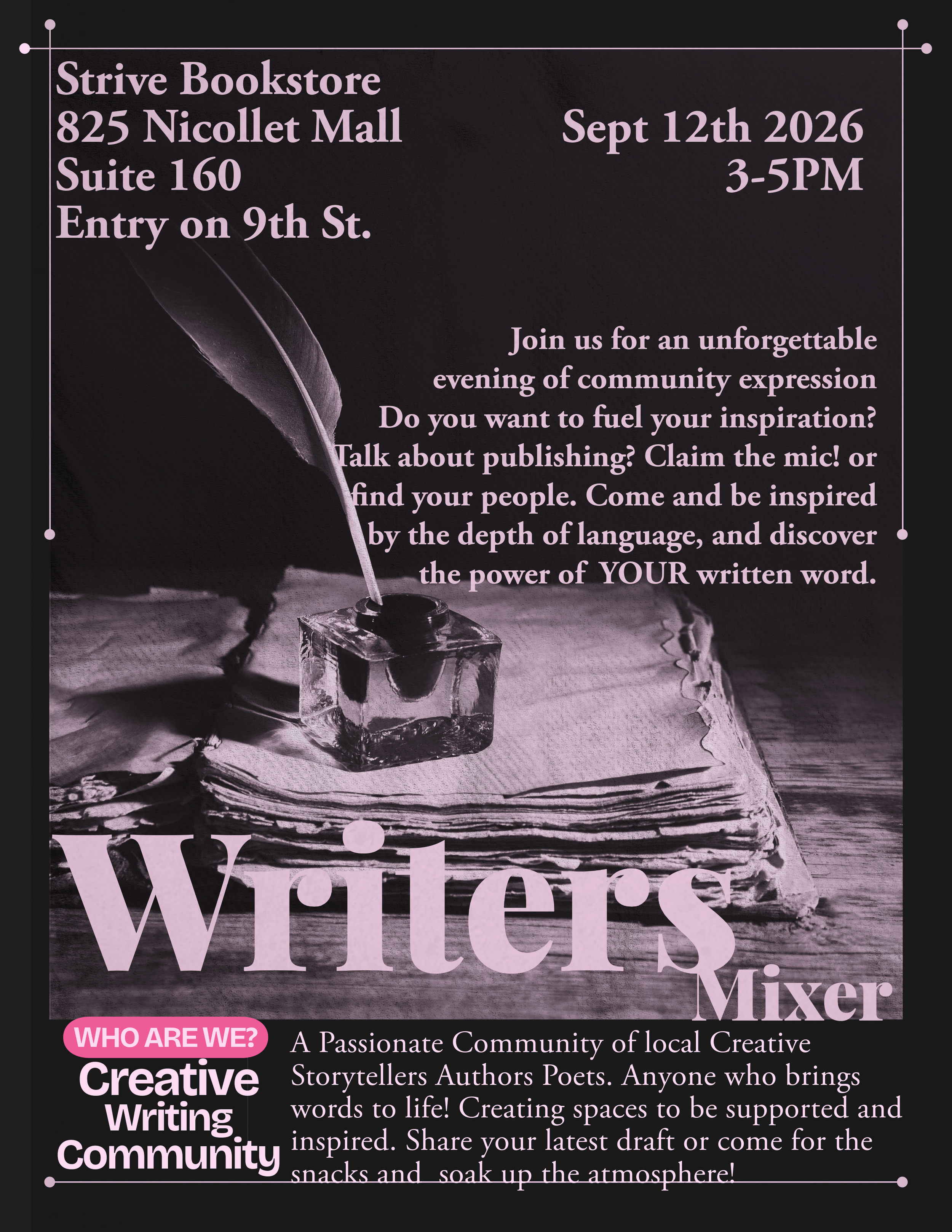 charcoal black flyer with pink font: "Who are we?" Creative writing community