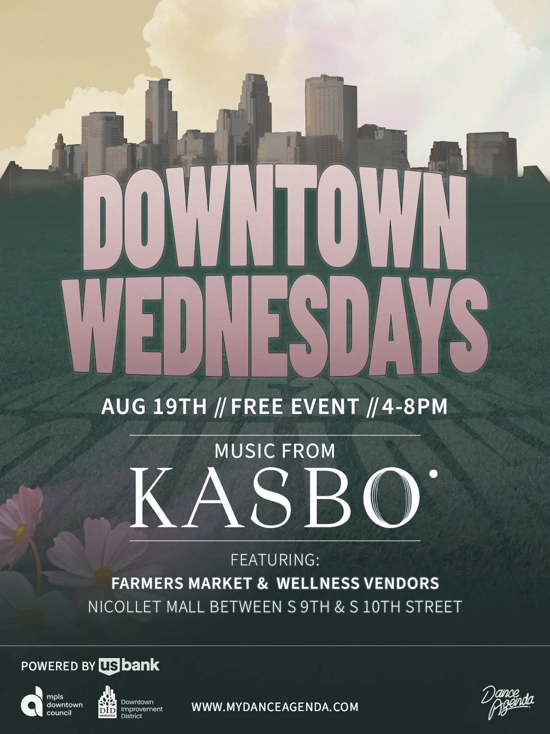 flyer with downtown skyline, Aug 19th Free Event, 4-8pm, Music from KASBO