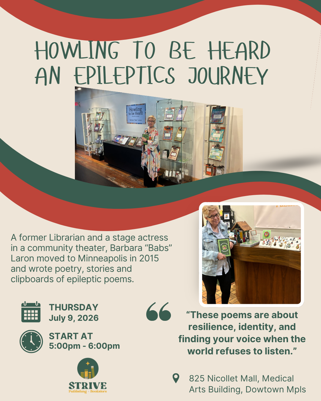 Flyer with two sets of green and red wavy lines with a picture of Barbara, with short grey and blondish hair, wearing dark-rimmed glasses and a floral dust jacket, holing a copy of her book in front of glass cases that hold her art work