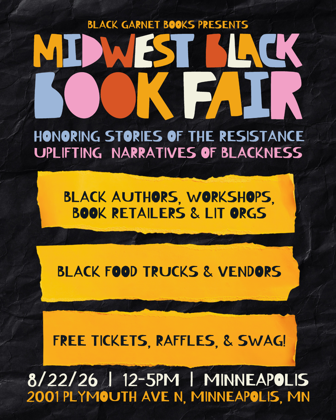 flyer is black with yellow, baby blue, pink, cream, orange lettering for MBBF; yellow strips for activities, vendors, free tickets