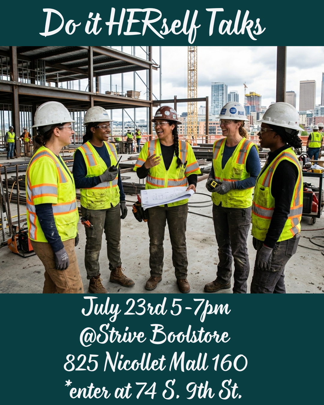 flyer with picture of five women construction workers at a construction site on the top of a skyscraper buiding