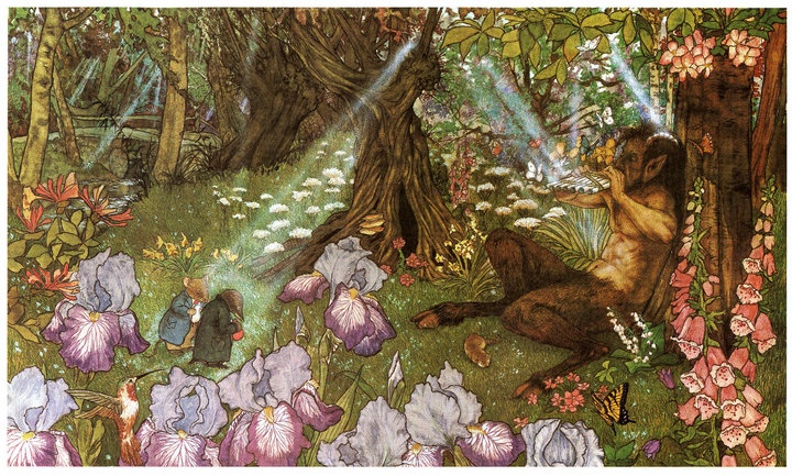 One of the books I read again and again is Kenneth Grahame’s *The Wind in the Willows*. In this scene, Rat and Mole find at last the fat little otter child Portly sleeping peacefully at the feet of the great Pan himself. Here’s how the scene I refer…