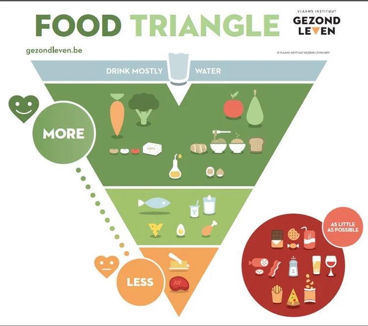 Belgium’s food guide- notice meat is in the “eat less” area