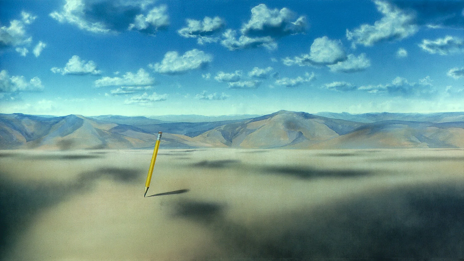 Pencil Sky acrylic and casein painting on muslin, 7’ x 15’ ©1985. Painted backdrop for print advertising photo shoot for computer company product catalog.