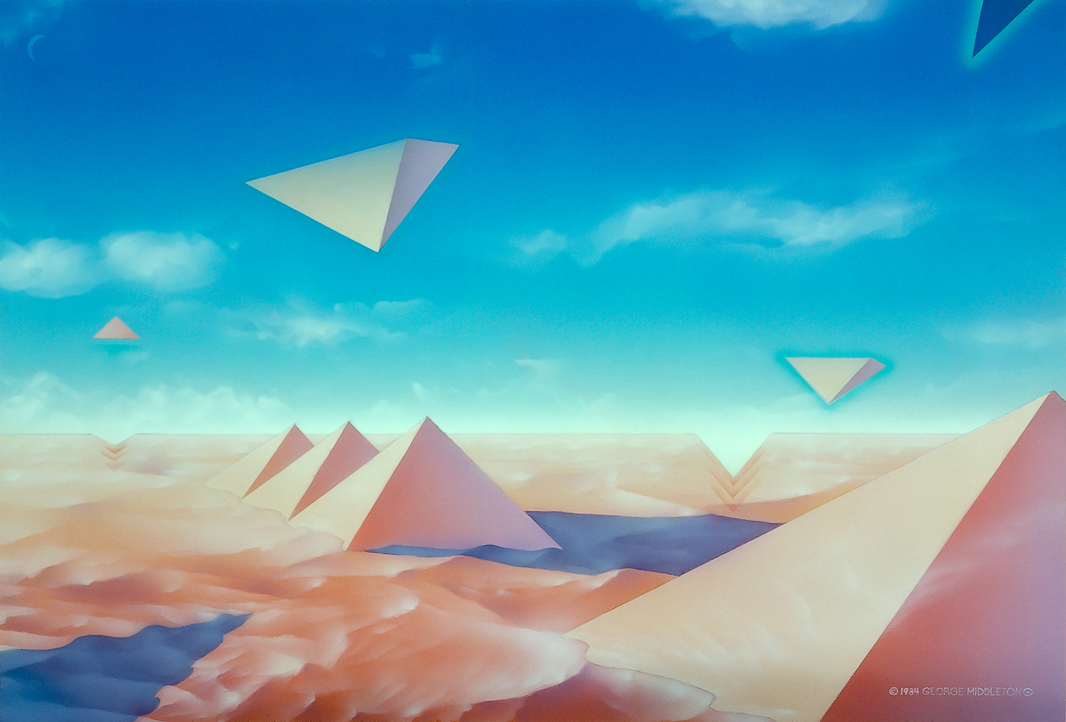 Pyramids acrylic painting on a Masonite® pane, 14 x 20 ©1984. Editorial illustration accompanying an article in a computer magazine.