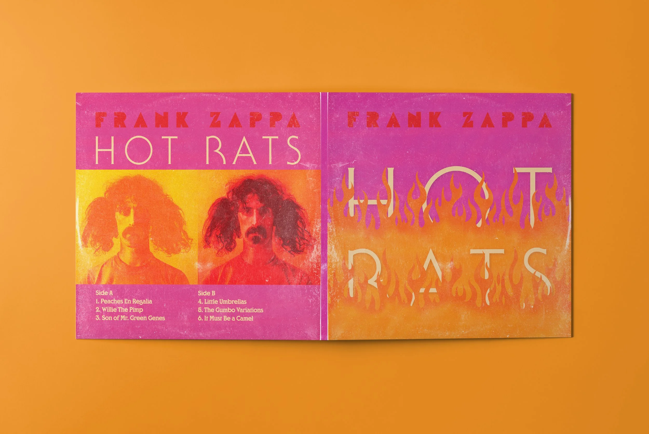  A fictional redesign of Frank Zappa’s famous progressive rock/jazz fusion album, Hot Rats. The bright pink, red and orange colors are reminiscent of the psychedelic color schemes of the time, as the album was produced in the late sixties. 