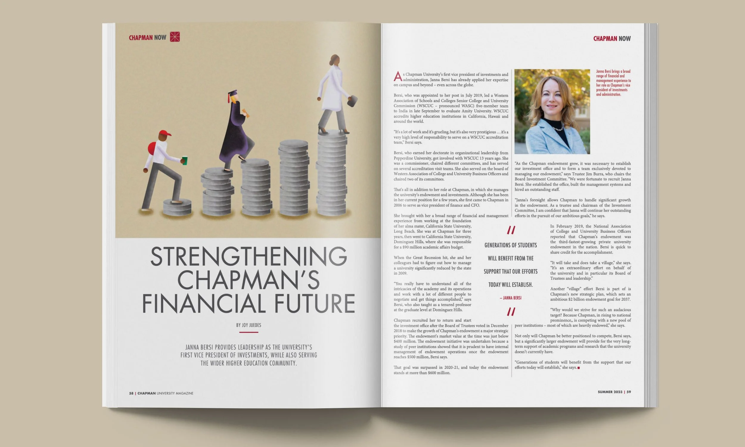  Magazine spreads from Chapman Magazine, promoting the research and achievements of faculty and alumni. 