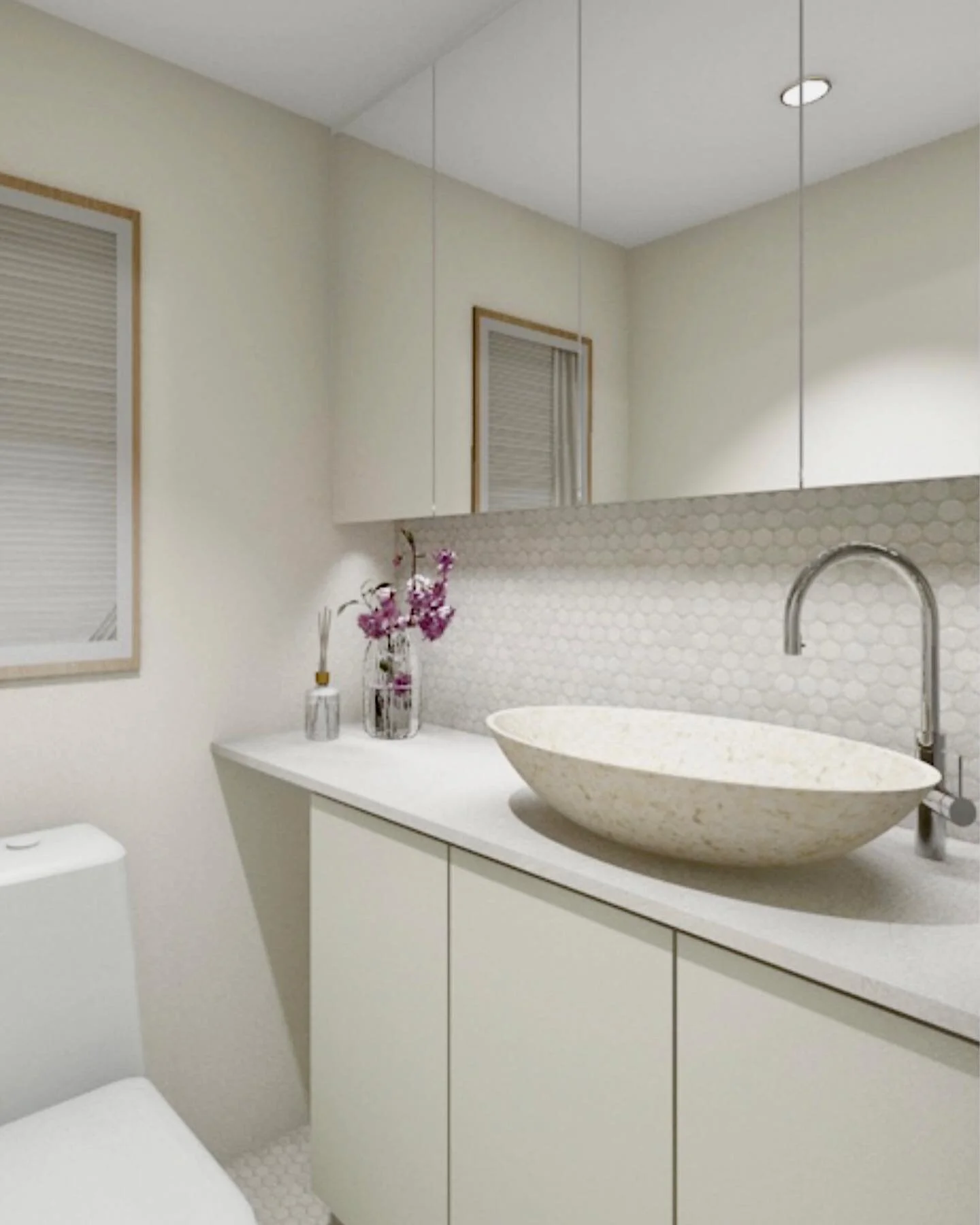 Eteisen WC sai lis&auml;&auml; s&auml;ilytystilaa ja rauhallisen ilmeen. Pienempien pesutilojen suunnittelussa kannattaa valita harmonisia, v&auml;ripaletin viereisi&auml; s&auml;vyj&auml; kaikkiin elementteihin. Iso pelipinta avartaa. Rauhalliseen t