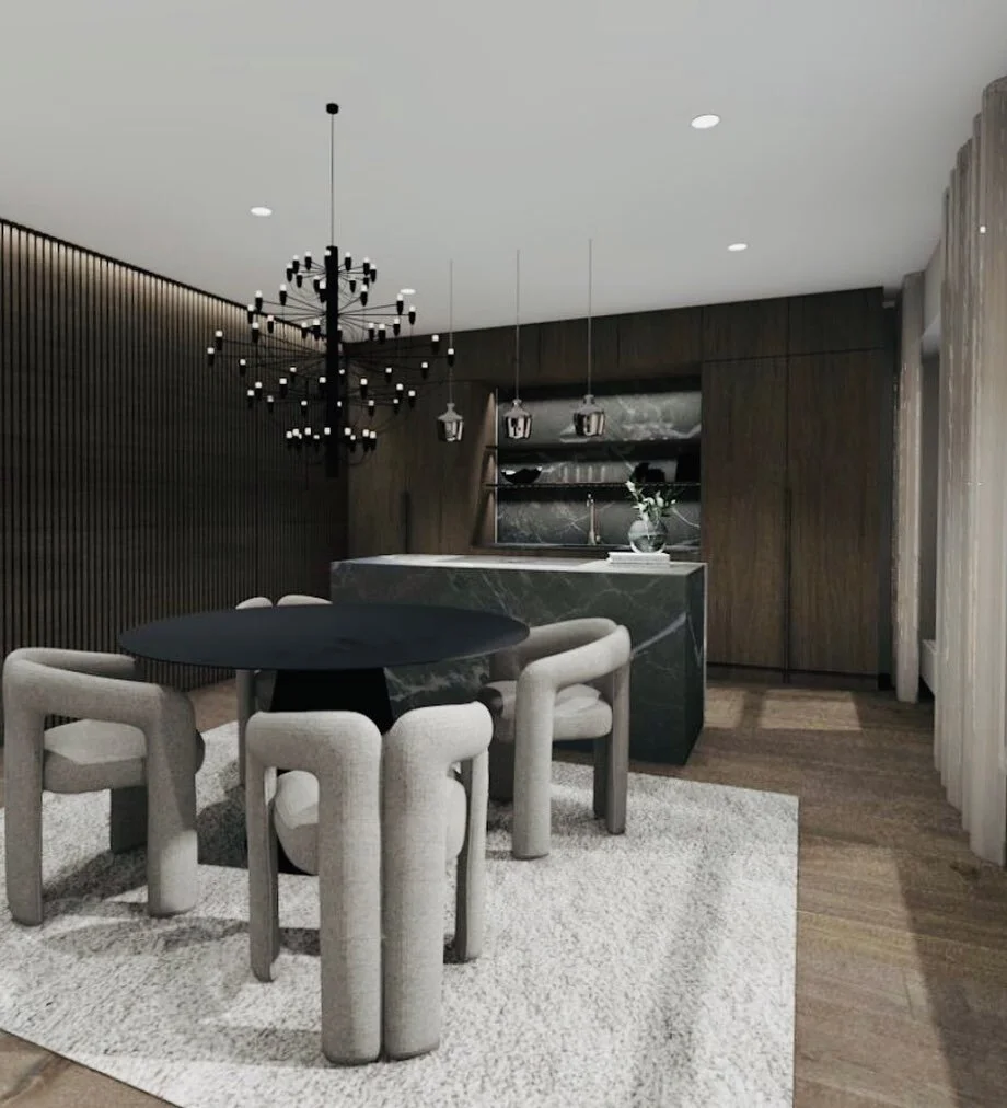 Tummalla paneelilla keitti&ouml;n saa h&auml;ivytetty&auml; tilan muotoon, eik&auml; ruokailutilan p&auml;&auml;dyn kaapistot tule liiaksi esille. 

T&auml;ss&auml; suunnitelmassa tosin tila oli erinomainen t&auml;h&auml;n ratkaisuun pitk&auml;n ikku