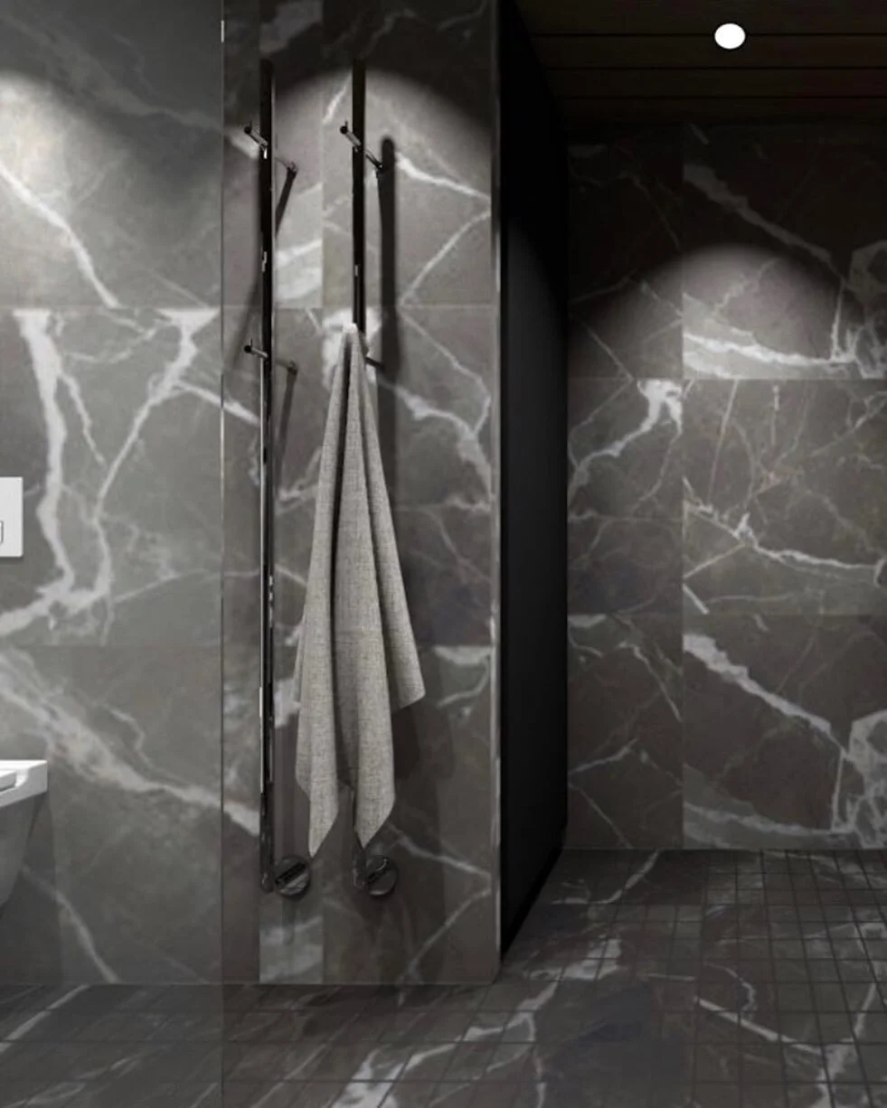 Millainen lattia ja millaiset sein&auml;? No samanlaiset. 

Jos projektiin, kuten t&auml;ss&auml; toivotaan, viimeistelty yleisilme, jossa pintoja ei ole &rdquo;j&auml;tetty&rdquo; valkoisiksi, kannattaa k&auml;ytt&auml;&auml; samaa laattaa sek&auml;