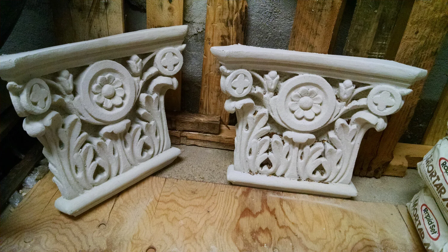 Decorative capitals ready for instillation.  A total of 9 capitals were made.