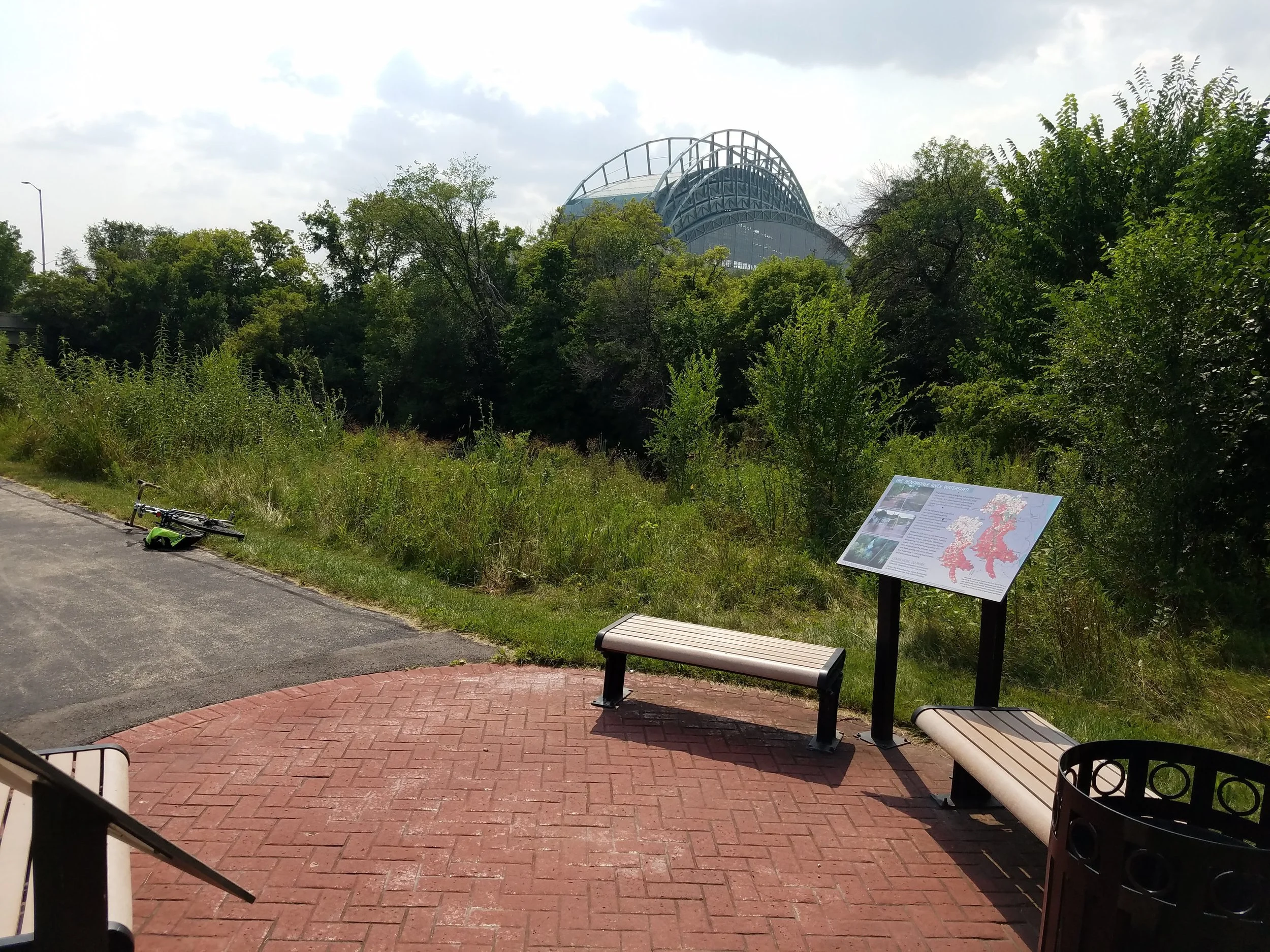 This sitting area is found along the Menomonee River near Miller Park.