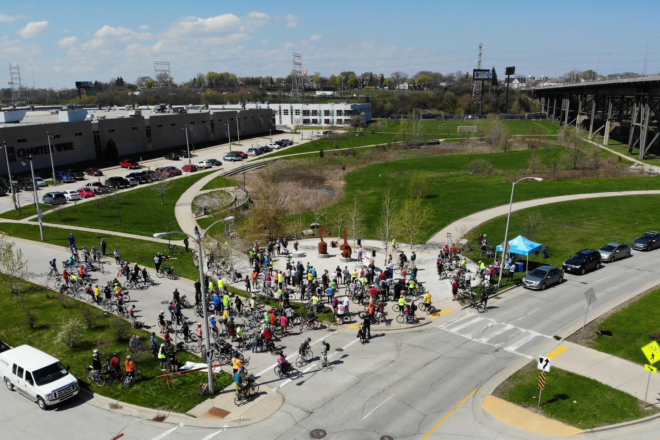 The monument will be located near the corner of West Canal Street and West Milwaukee Road where the Milwaukee Road Rail Shops' chimneys once stood. Now along the Hank Aaron State Trail, it is a highly visible area with hikers, joggers, cyclists, and between 6,000 to 7,700 cars passing by daily. Photo: Chris Maertz