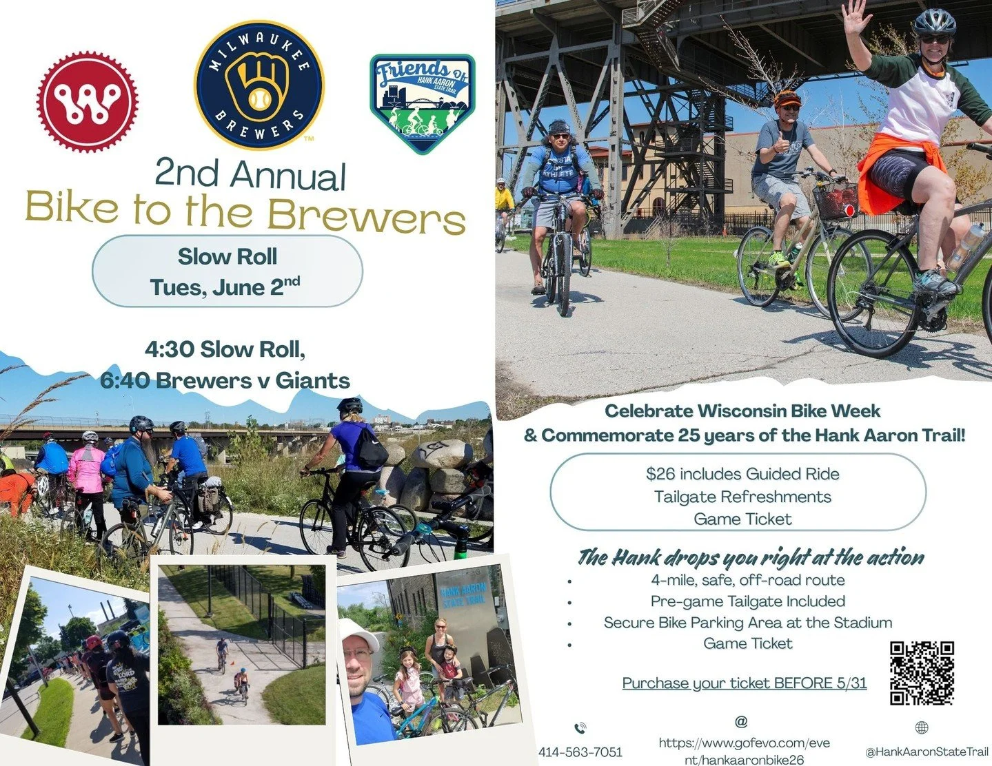 Since the game is less than a week away on Tuesday, June 2nd, the registration deadline is urgently active right now and will sell out by Saturday

 NEXT WEEK! Bike to the Brewers is BACK! 
Skip the freeway construction gridlock, bypass the parking f