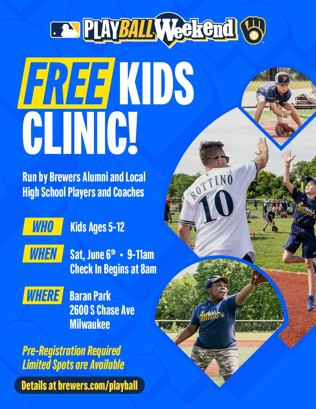 Join the FREE KIDS CLINIC during PLAY BALL WEEKEND this Saturday, June 6th! Sign up for the pre-registration with more details at: brewers.com/playball @MilwaukeeBrewers