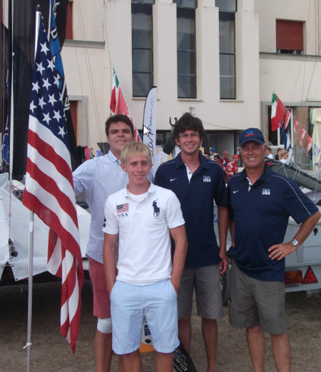 The two USA teams in front of the Grosseto Sailing Club – Matt Whitehead, Taylor Reese, Matt and Steve