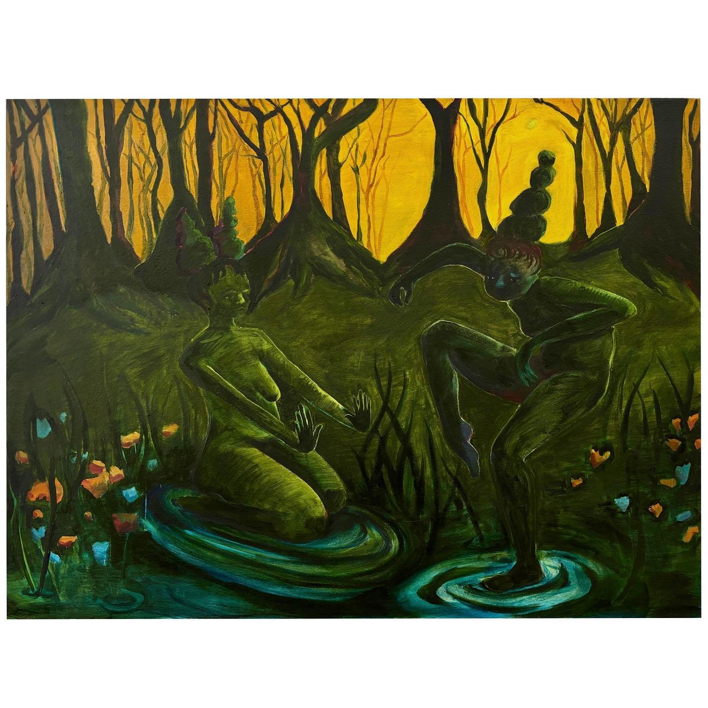 Two Sorcerers Dancing at the Edge of a Marsh &hellip; second rendition, in oil 
30&rdquo;x40i&rdquo;sh